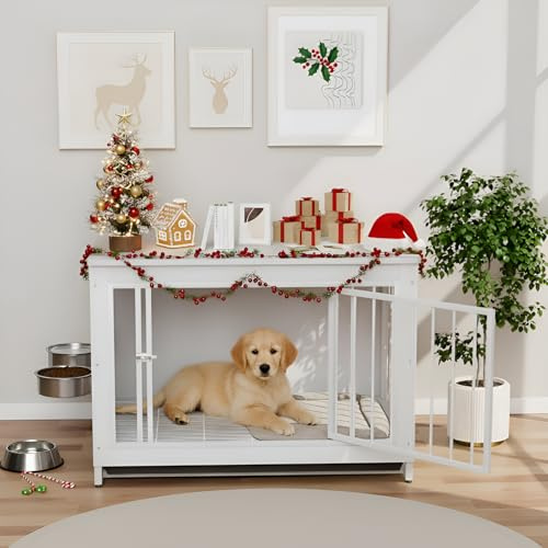Hundbur möbler för hem, hundkoja med 2 hundskålar och dörr, 93 cm trä hundbur, 93 x 64 x 58 cm, hundhus för med avtagbar bricka, för medelstora små hundar upp till 40 kg (vit)