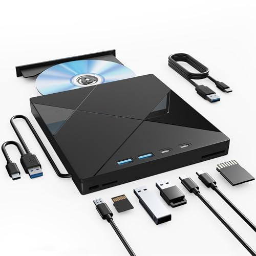 Wbacon 7 in 1 External CD/DVD Drive for Laptop, Portable DVD Player for Laptop with SD/TF Port, External DVD Drive with USB 3.0/Type C, CD Drive USB for PC Windows Linux