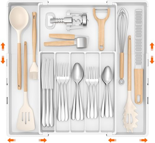 Lifewit Besticklåda för lådor, 5–8 fack tvåvägs justerbar plastorganisatör kök, bestickorganisatör, bredd från 30,5 till 52 cm, bestickinsats för skedar och gafflar, vit