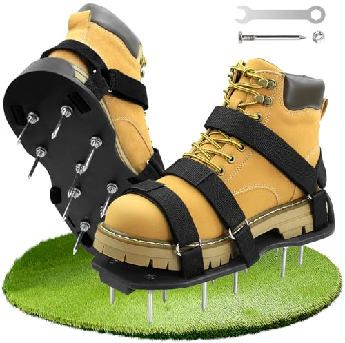 Zapatos Escarificador Cesped, Sandalias Aeradoras con 5.5cm Clavos, Zapatos Aerador de Cesped con Pala, Tamaño Ajustable, para Ventilar Patio y Jardín