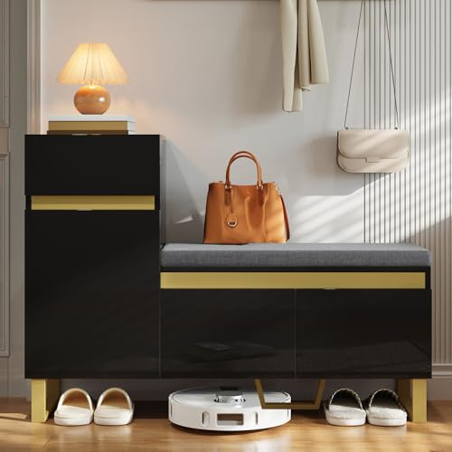 Scarpiera con panchina, nera lucida, per guardaroba, corridoio, moderna, con cassetto e porte, cuscino imbottito con accenti dorati, design ingresso