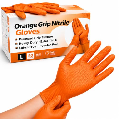 50 Orange Nitrile Work Gloves Large, Heavy-Duty Extra-Thick, Diamond Grip, Grip Non-Slip, Latex-Free, Powder-Free – Mechanics & Automotive Use (Orange Large - 50 Gloves)