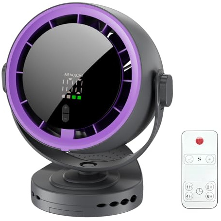 ZDKLL Petit Ventilateur Bureau, 3-en-1, 5000mAh USB avec Télécommande | Bureau/Pince/Mural, 5 Vit. & 4 Min., Rotation 360°, Écran LED, Support Téléphone, pour Chambre/Bureau, Gris Violet