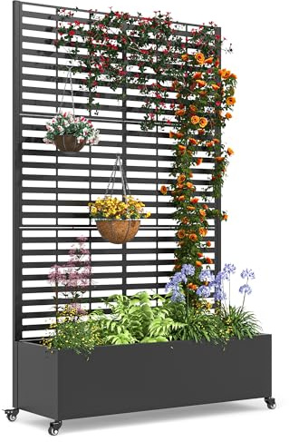 UPHYB Metal Planter Box with Trellis, 73x 47x 16 Raised Garden Bed with Wheels and Drainage Holes, Planter with Trellis for Garden, Balcony and Patio, Black