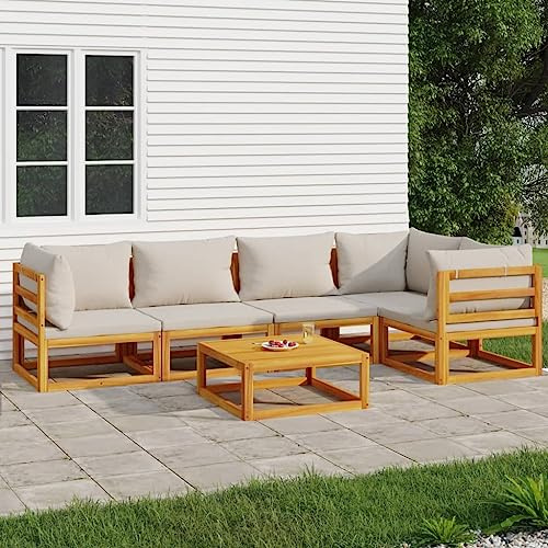 Mokuyary 6-TLG. Trädgårdsloungeset med ljusgrå kudde, massivt trä, trädgårdsmöbelset, utomhus, balkongset, terrassmöbler, trädgårdslounge, sittgrupp för terrass, balkong, trädgård – B