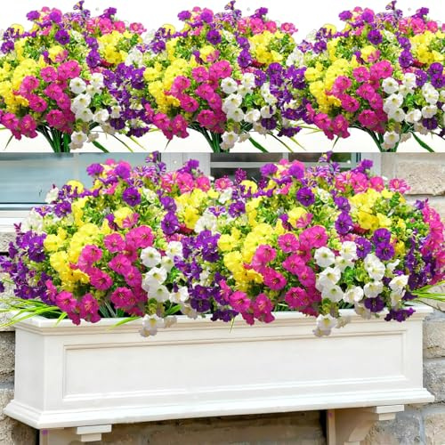 Regallop Artificial Outdoor Flowers Fake Plants, 12 Bundles Silk Morning Glory Eucalyptus Realistic Colorful Faux Flowers for Outside Planter Porch Yard Patio Balcony (Yellow, white, purple, fuchsia)