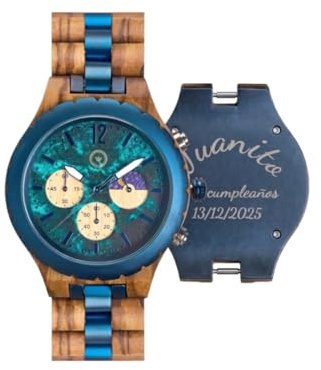 Reloj de Madera para Hombre Personalizado con Grabado-Reloj Hombre Elegante Madera Olivo Correa Ajustable Ligero-Regalo Original Aniversario Cumpleaños Boda Día del Padre Detalle Único Artesanal