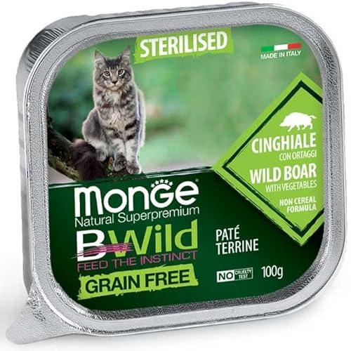 Monge BWild Grain Free Sterilised, Paté Terrine con Cinghiale e Ortaggi, per gatti sterilizzati,24 Vaschette da 100g