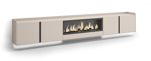 Skraut Home | Meuble TV | Banc Télé | Grand Espace de Rangement | 315x50x35 cm | pour écrans jusqu'à 80 | Cheminée électrique XXL | Suspendu, Mural | LED | Style Moderne | Beige