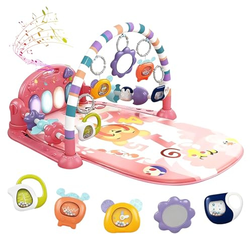 BREEZENEST Baby Play Mat Gym 6-in-1 Activity Center with Kick Piano, Sensory Toys & Mirror, Extra Guardrail Tummy Time Play Mat for Newborn to 12 Months Baby Activity Gym & Play Mat (Pink)