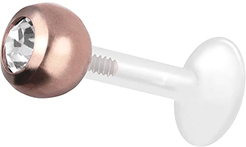 PIERCINGLINE PTFE Labret mit Gewinde TITAN AUFSATZ KRISTALL 5 mm Piercing Lippe Nase Ohr Roségoldfarben 1,2 x 6 mm