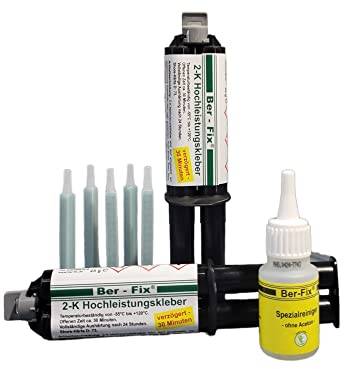 Ber-Fix 2K Hochleistungskleber - 2x25g für Metall, Kunststoff, Stahl, PVC, GfK, Holz, Epoxidharz, Schlagfest, 30 Min Langsamhärtend - Inkl. Statikmischer, Reinige