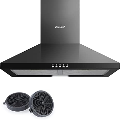 COMFEE' CHT 3.6A17B Dunstabzugshaube 60cm Umluft & Abluft, Wandhaube mit Aktivkohlefilter, 400m³/h Luftstrom, 5 Schichten Waschbarer Fettfilter, 3 Stufen, Einstellbarer Kamin, 1 LED-Licht, Schwarz
