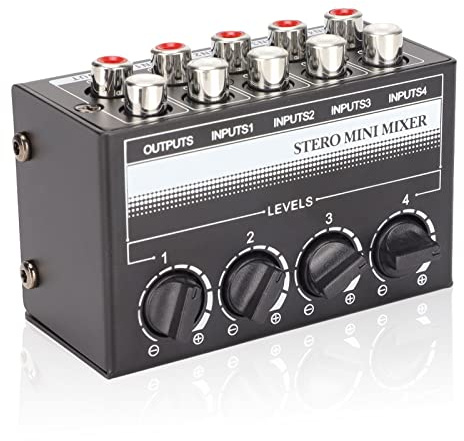 Stereo Mini Mixer, Tragbarer 4 Kanal Audio Mixer, Passiver Professioneller Stereo Mini Mixer Zum Mischen von Instrumenten, CD Playern, Kassettenspielern, Computern, Mobiltelefonen, Aufnahmestudios