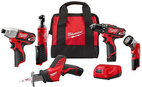 Milwaukee 2498-25 M12 12V Cordless 5-Tool Combo Kit: 2407-20 3/8 in.Drill/Driver + 2462-20 1/4 in. Hex Impact Driver+2420-20 Hackzall Recip Saw+2457-20 3/8 in.Ratchet+49-24-0146 LED Worklight,YKGAV