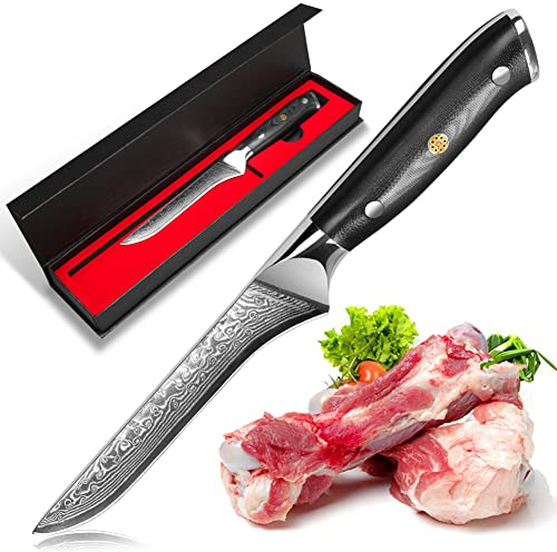 Damascus Fillet Knife, 14.5 cm Fish Knife Made of 67 Layers of VG10 Damascus Steel, G10 Handle, Gift Box, Filleting Knifes use for Home Restaurant Kitchen