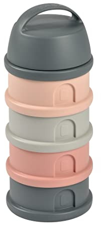 BEABA, Stackable Milk Dispenser, 100% Hermetic, 4 compartments, Made in France, Large Capacity, Evolutive use, Mineral Grey/Pink