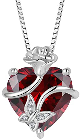 FJ Herz Granat Kette Januar Geburtsstein Halskette Damen 925 Sterling Silber Schmetterling Kette Anhänger Rose Blume Schmuck Geschenke für Frauen Mutter Freundin Mama