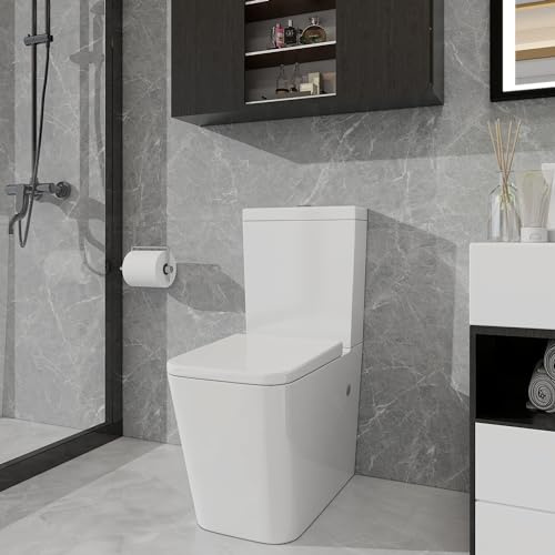 Robanmoa Rimless Back to Wall Toilet Close Coupled Bathroom Toilet, White Ceramic WC Pan & Soft Close Seat Dual Flush Cistern Comfort Height Modern Square Toilets