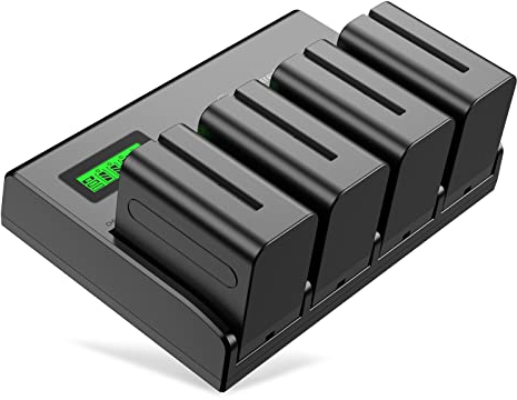 Powerextra LCD 4-Fach Ladegerät mit 4 Stück Ersatzakku für NP-F970 NP-F960 NP-F950 NP-F930 passend zu CCD-TR Series/CCD-TRV Series/DCR-TR Series/DCS-CD/MVC-FD Series usw.