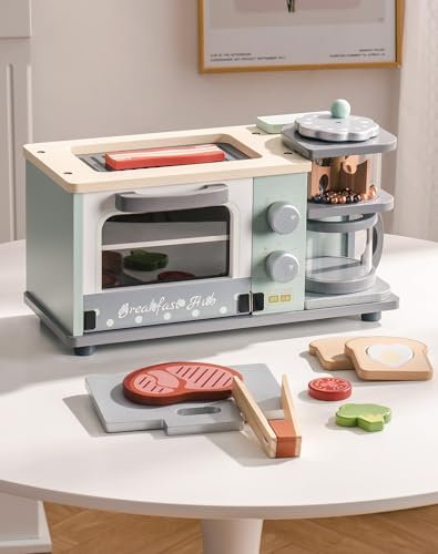 ROBOTIME Accesorios de cocina de juguete, juego de cocina de madera 3 en 1 con cafetera, horno, parrilla, comida de juguete, juego de rol realista para niños y niñas, 3-8 (menta)