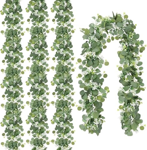 Künstliche Eukalyptus Girlande, 6Ft Hängende Ivy mit Blumen, 4 Stück | Künstliche Eukalyptusblätter Girlande,Greenery Reben für Hochzeit Bogen Hintergrund Home Table Indoor Outdoor Decor