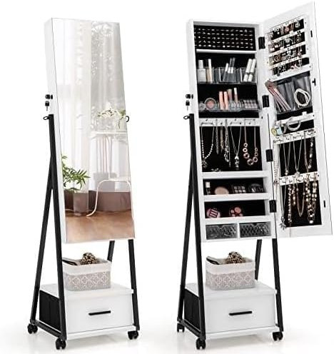 RELAX4LIFE Armoire à Bijoux à Roulettes avec Miroir Pleine Longueur, Miroir Armoire Bijoux avec Porte Verrouillable, Grand Tiroir pour Dressing Vestiaire (Blanc)