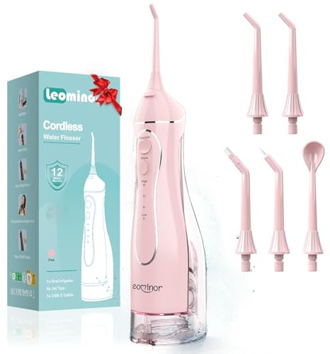 Leominor Irrigatore orale portatile per denti, 300 ml, serbatoio rimovibile, impermeabile IPX7, ricaricabile, da viaggio, filo interdentale elettrico professionale per denti (rosa)