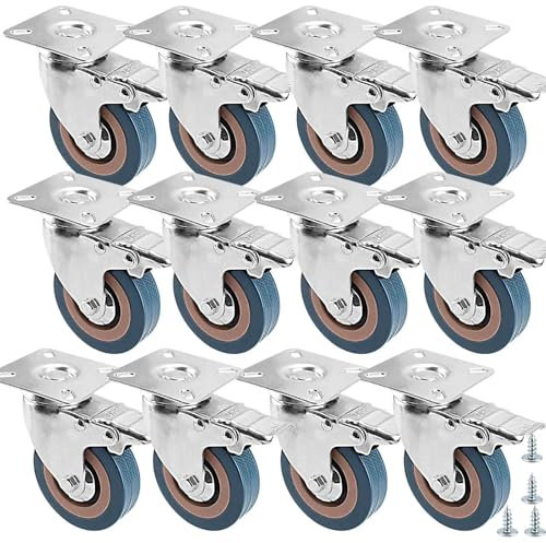 ZOENHOU Set of 12 50mm Castor Wheels, Heavy Duty Castors with Brakes and Screws, Swivel Trolley Wheels Industrial Plate Casters for Furniture, 400KG Loading Capacity