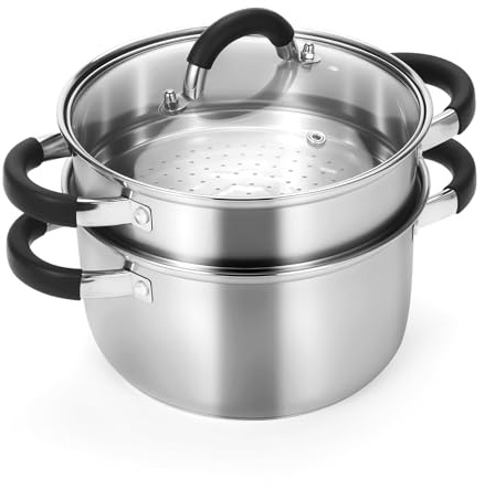 Kirecoo 3.2QT Steamer for Cooking - Stainless Steel Steam Pot with Steamer Basket, Cooking Stock Pot with Silicone Handle, Lid for Vegetable, Dumplings, Soup, Food, 3Ply Bottom Boiling Stew Cookware