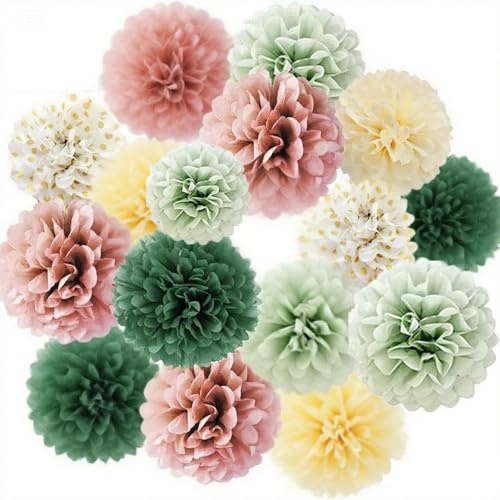 Seidenpapier Pompons Deko Salbeigrün Rosa Olivgrün Beige für Geburtstag | 16 Stück Geburtstagsdeko Grün, Pastellfarben Dekorationen für Hochzeit Babyparty Brautparty Gartenparty Sommerfest