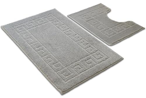 Nest & Nibble Silver Bath Mat Set, 2-Piece Non-Slip Bathroom Mats Soft & Absorbent Shower Mat & Pedestal Rug | Quick Dry Washable Anti Slip Toilet Carpet - Greek Key Pattern (50x80cm + 50x40cm)