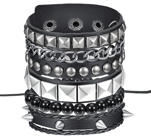 Ajcotahm 4 pulseras punk rock, pulseras emo con tachuelas, pulsera de cuero con botón a presión, pulsera de metal de los años 80, brazalete ajustable para hombres y mujeres, accesorios de trajes de