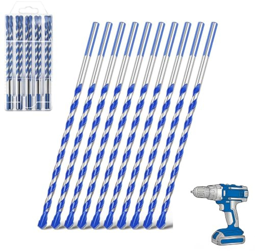 10 Pack Masonry Drill Bit Set 6mm x 150mm Extra Long, Tungsten Carbide Tip Concrete Drill Bits for Brick Wall, Ceramic Tile, Porcelain & Stone, Non-Slip Triangular Shank for Combi & Impact Drill