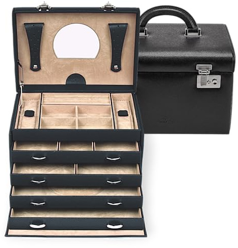 Windrose Schmuckoffer Beluga/schwarz (Leder) - Hochwertige Handarbeit - Breite 26,5 cm - Leder
