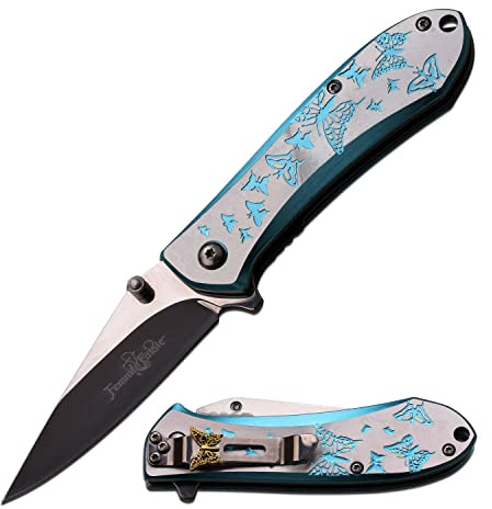 Femme Fatale 7 Folding Pocket Knife – 3 Satin Stainless Steel Fine Edge Blade, Blue & Silver Anodized Aluminum Handle with Butterfly Accent