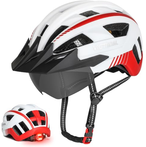 VICTGOAL Fahrradhelm Mountainbike Helm mit magnetischem Visier Abnehmbarer Sonnenschutzkappe und LED Rücklicht Radhelm Rennradhelm für Erwachsenen Herren Damen