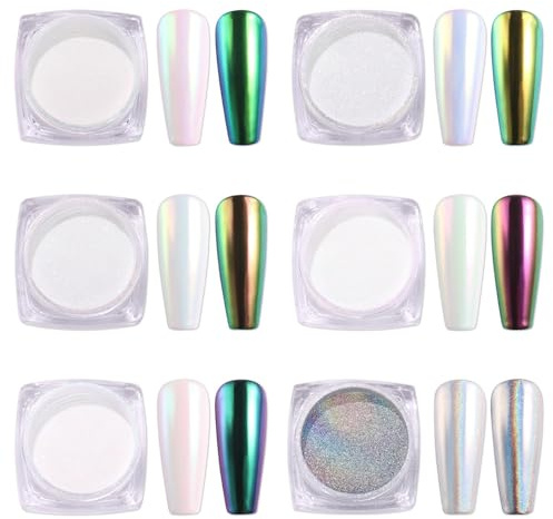 AIMEILI 6 Jar Pearl Powder Chromnägel Spiegeleffekt Chamäleon Staub Glitter Laser Powder Chamäleon Holographic Nail Powder Glitter Nail Art Dekoration