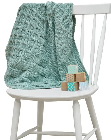 Irischer Aran Strickdecke Decke Überwurf Bettüberwürf | Supersoft Patchwork Sofa Blanket Wolldecke Kuscheldecke aus Merinowolle (22 x 32) (Seeschaumgrün)