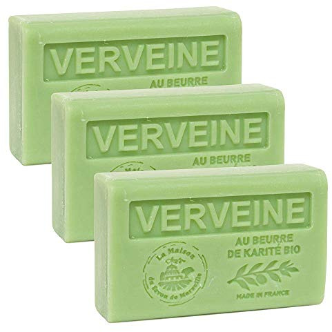 Savon de Marseille - Sapone francese a base di burro di karitè biologico, fragranza verbena, adatto per tutti i tipi di pelle, barrette da 60 g, set da 3