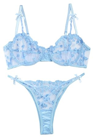 Lilosy Sexy Cute Underwire Push Up Strappy Heart Embroidered Mesh Sheer Lingerie Set for Women Bachelorette See Through Bra and Panty 2 Piece Bow Light Blue Small
