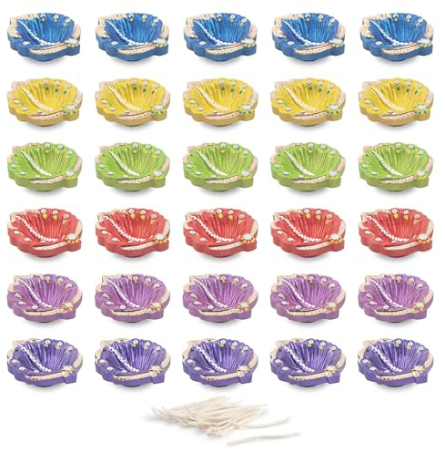 KSJONE 30 Stück elegante handbemalte Diwali-Diyas aus Ton mit Baumwolldochten, Deepavali-Teelichthalter, Öllampe, indische festliche Heimdekoration