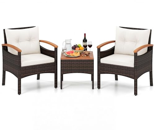 COSTWAY Set Salotto da Giardino 3 Pezzi, 2 Poltrone in Rattan con Tavolino Laterale con Piano in Legno di Acacia e Braccioli, Set Bistro Patio con Cuscini per Cortile, Veranda e Balcone (Bianco)