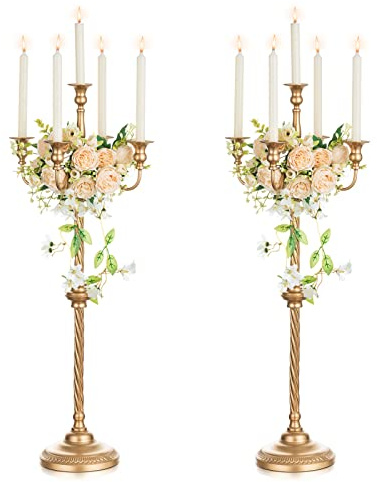 NUPTIO Kandelaber Kerzenständer 5 Armig: 88cm Satz von 2 Kerzen Ständer | 88 cm hoch Gold Metall Kerzenhalter Retro für Home Hochzeit Weihnachten Halloween Geburtstag Jahrestag