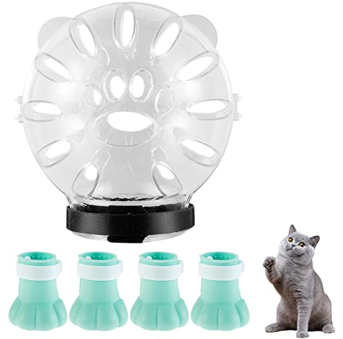 Breathable Cat Muzzle and Boots - Anti-Licking Clear Muzzle with Paw Cover - Kitten Astronaut Helmet for Bathing & Grooming - Pet Tools (Small)