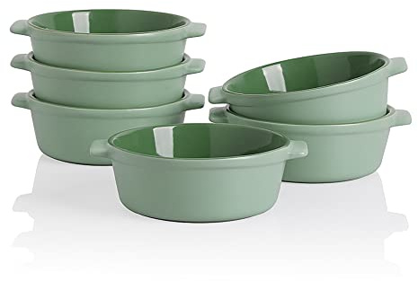 Sweejar Home Keramiska Souffle Rätter, Runt handtag-Ramekins-bakning, 295 ml för pudding, krämig Brulee, Souffel - Set med 6 (Grön)