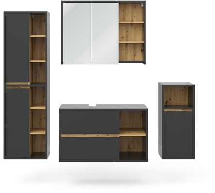 Vicco Badmöbel-Set Viola, Anthrazit, 100 cm | besteht aus Waschbeckenunterschrank, Spiegelschrank, Hochschrank und Midischrank