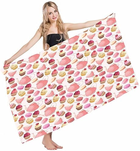 Badetücher Kitchen Teaparty Cupcakes Macarons Teapot Cups Kirschen Beeren Polka Dots Badelaken Microfaser Strandhandtuch Sandfreie Duschtuch Für Pool Reisen Wandern 80x130 cm