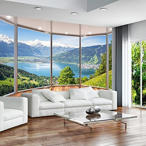Fototapete - Wandkunst Tapete - Kreativer Balkon Mit Raumhohen Fenstern Und Natürlicher Landschaft - Abnehmbare, Selbstklebende Wandbilder, Kunst-Aufkleber, 3D-Wandaufkl 350 (Breite) x 256 (Höhe) cm