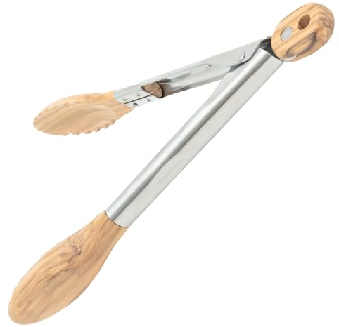 Boxiki Kitchen - Pinzas de Cocina con Puntas de Madera - Set de 2 - Pinzas de Madera Ideales para BBQ, Ensaladas, Tostadoras, Pan y Encurtidos - Hechas de Madera de Olivo Natural, Tamaño 11 Pulgadas.